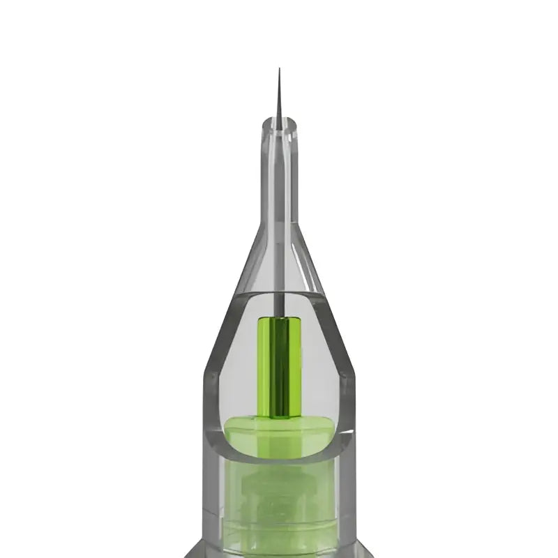 A transparent medical syringe with a green plunger and needle for stellar 2.0 cartridges round liner use