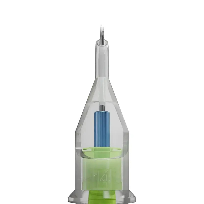 Stellar 2.0 round shader cartridge with clear plastic 1ml syringe, blue plunger, and green liquid inside