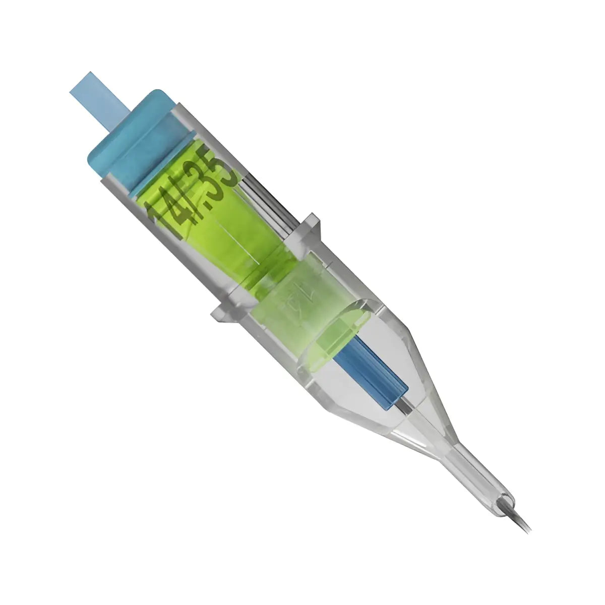Clear plastic stellar 2.0 round shader tattoo needle cartridge with bright green ink reservoir and blue caps marked 14.35
