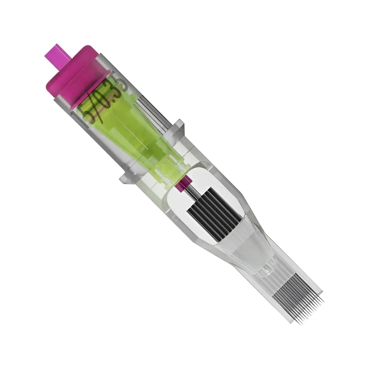 Stellar 2.0 tattoo needle cartridge transparent plastic with pink cap green ink reservoir and fine metal needles arranged in rows