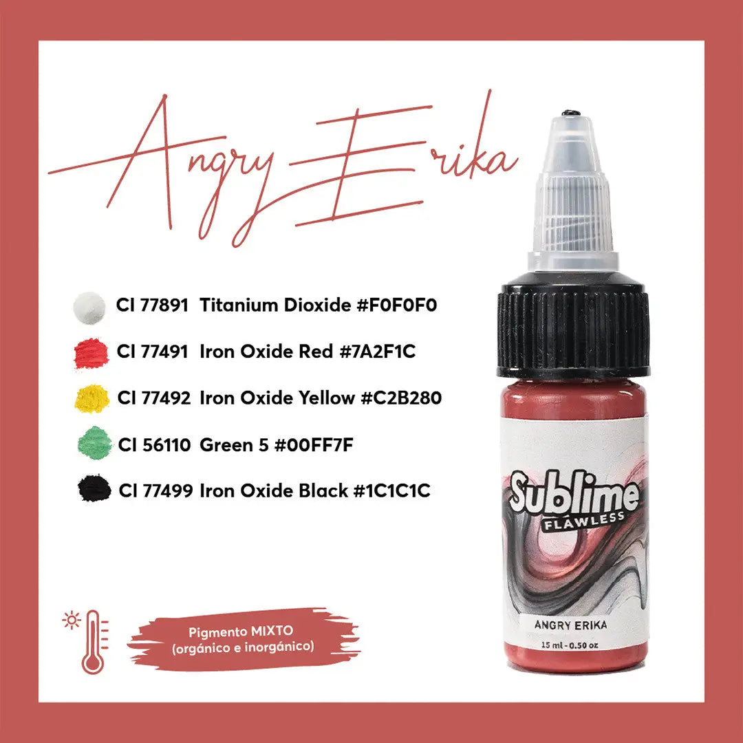 Eine leuchtend rote sublime pmu-Tattoo-Farben-Flasche mit schwarzem Deckel und transparenter Pipette, beschriftet mit angry erika