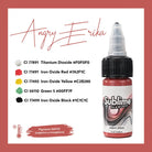 Eine leuchtend rote sublime pmu-Tattoo-Farben-Flasche mit schwarzem Deckel und transparenter Pipette, beschriftet mit angry erika