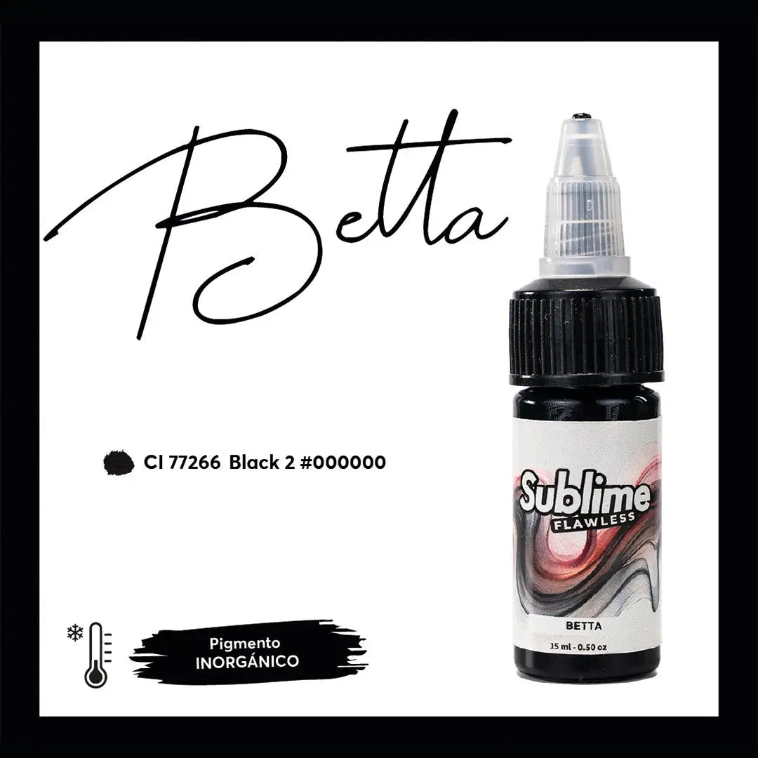 Sublime makellose Betta-Tattoo-Farben in einer eleganten schwarzen Flasche mit transparenter Tropfkappe und abstraktem Wirbel-Labeldesign