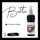 Sublime makellose Betta-Tattoo-Farben in einer eleganten schwarzen Flasche mit transparenter Tropfkappe und abstraktem Wirbel-Labeldesign