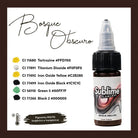 Sublime Flawless Bosque Oscuro pmu Pigment Farben in einer 15 ml Flasche mit schwarzem Deckel und abstraktem Wirbel-Labeldesign