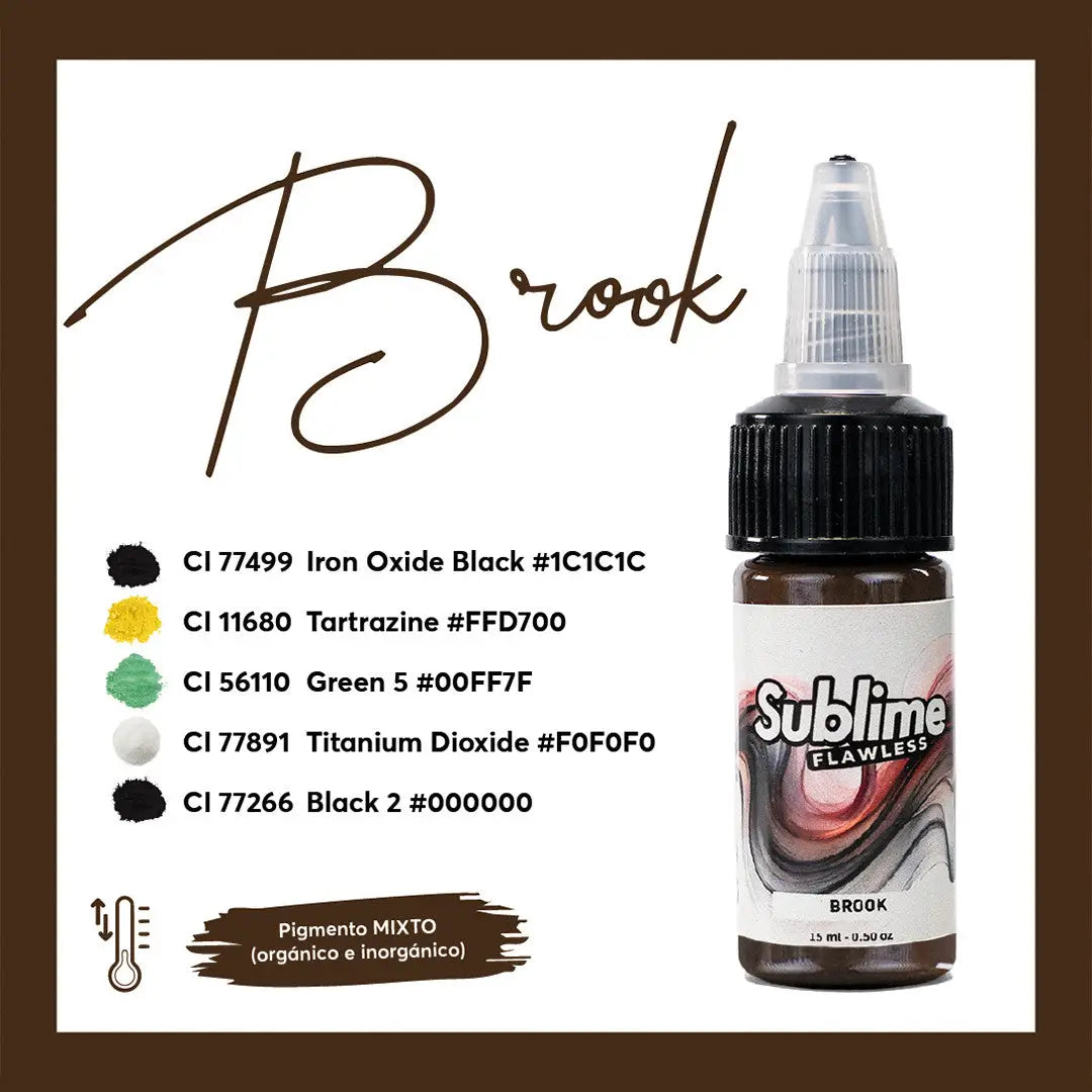 Sublime makellose Brook pmu Pigment-Tattoo-Farben-Flasche mit schwarzem Deckel und klarem Tropfer, gefüllt mit dunkelbrauner Flüssigkeit