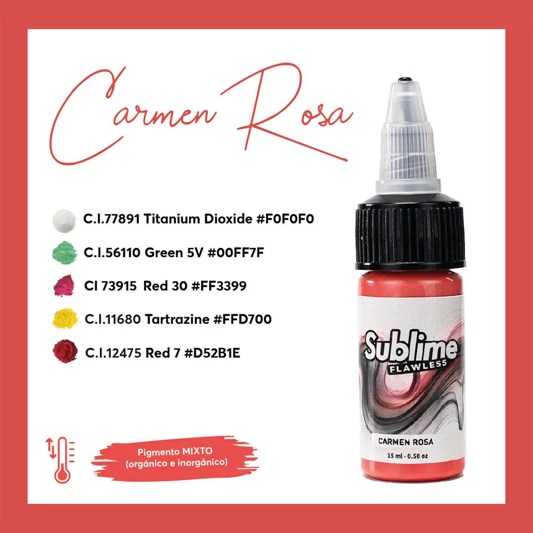 Eine korallenrosa sublime makellose Tattoo-Farben-Flasche mit schwarzem Deckel und klarem Tropfer für pmu-Pigment Carmen Rosa.