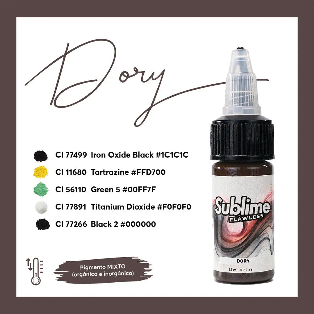 Sublime makelloses Dory pmu-Pigment-Farben in einer 15-ml-Flasche mit schwarzem Deckel und brauner Flüssigkeit darin
