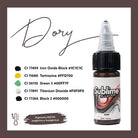 Sublime makelloses Dory pmu-Pigment-Farben in einer 15-ml-Flasche mit schwarzem Deckel und brauner Flüssigkeit darin