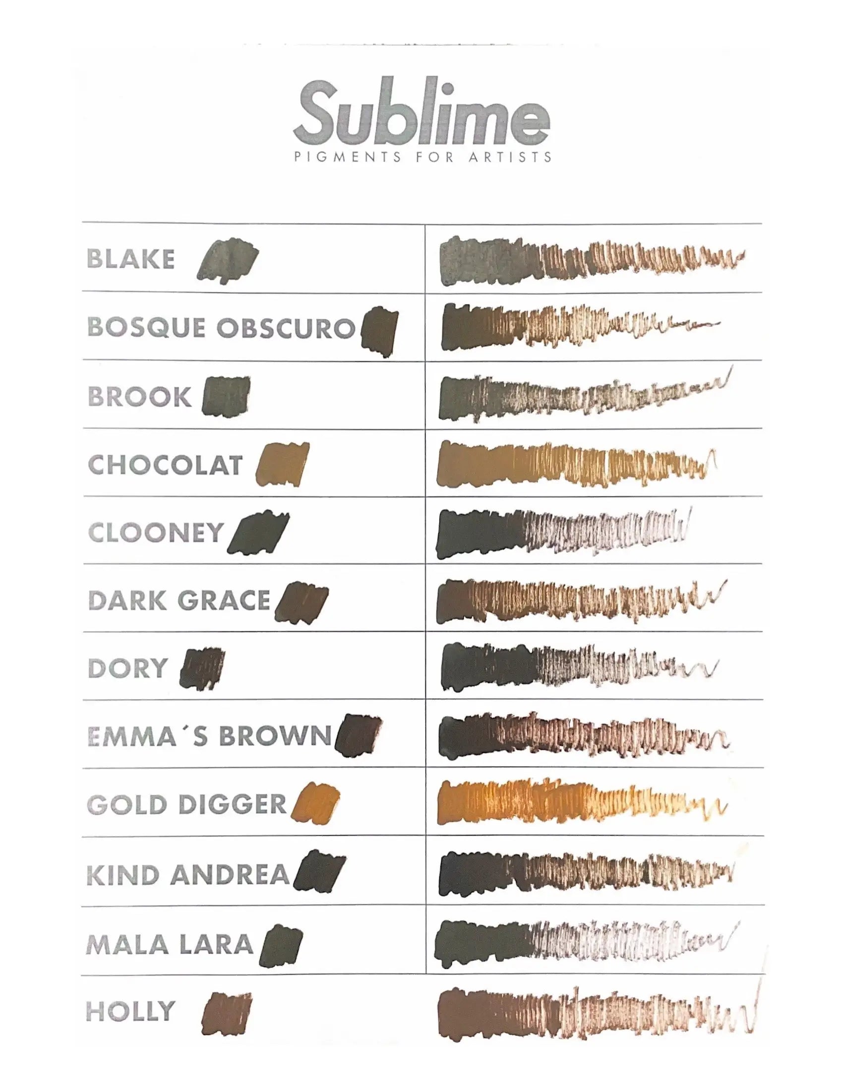 Sublime PMU Pigment-Dory-Farbmusterkarte mit erdigen und metallischen Farbtönen und strukturierten Pinselstrichmustern