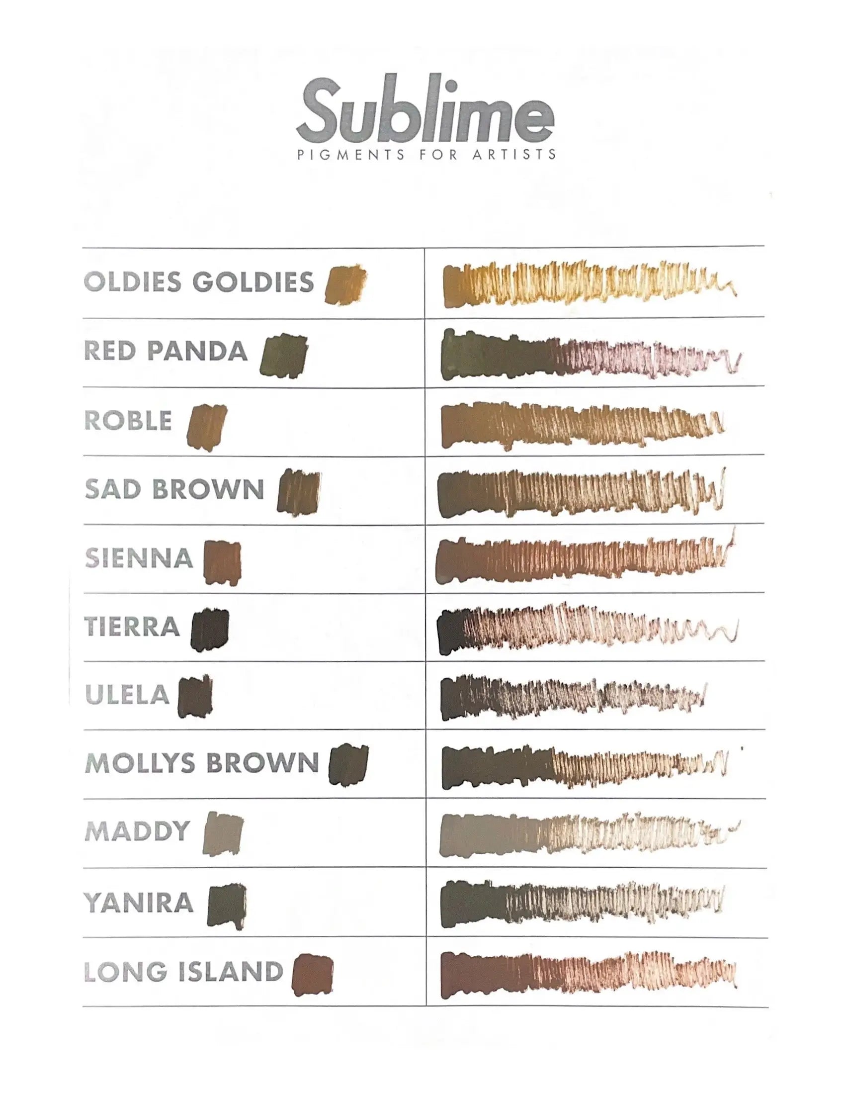 sublime PMU Pigment-Farbmusterkarte mit erdigen Tönen, Oldies Goldies, Red Panda und Sienna mit strukturierten Pinselstrichen