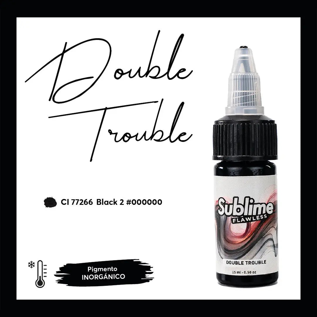 Flasche mit schwarzen Farben, klarem Tropferdeckel und weißem sublime flawless Etikett, Double Trouble, 15 ml pmu-Pigment