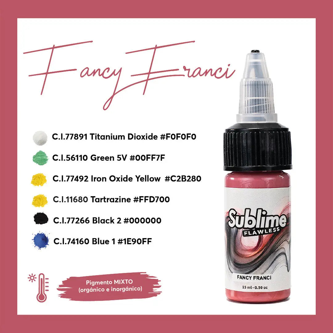 Eine rosa sublime makellose Tattoo-Farben-Flasche mit schwarzem Verschluss und transparentem Tropfer, beschriftet mit fancy franci pmu Pigment