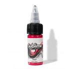 Eine leuchtend rote sublime makellose Tattoo-Farbenflasche mit schwarzem geriffeltem Verschluss und klarem Tropfer, beschriftet mit gossip, 15 ml
