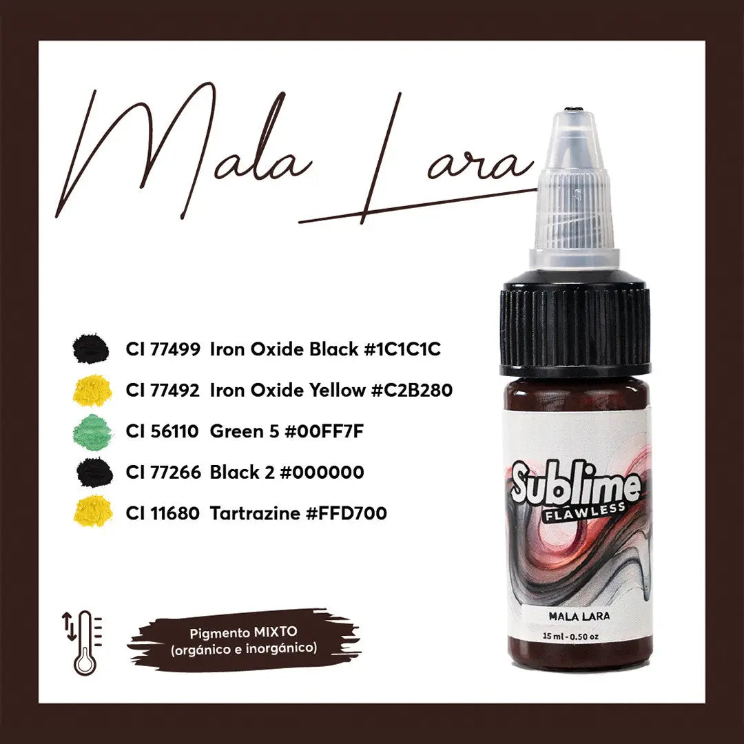 Eine dunkelbraune 15ml-Flasche mit sublime flawless mala lara Tattoo-Farben, schwarzem Schraubverschluss und transparenter Pipette für pmu-Anwendung