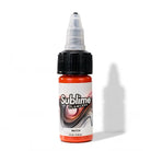 Eine leuchtend orange sublime pmu Pigment-Tätowierfarben-Flasche mit schwarzem Deckel und klarem Tropfer, beschriftet mit match, 15ml