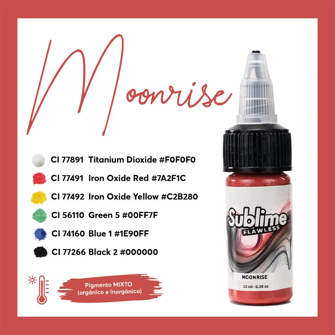 Sublime makellose Moonrise Tattoo-Farben in einer 15ml-Flasche mit schwarzem Deckel und klarem Tropfer mit roter Flüssigkeit