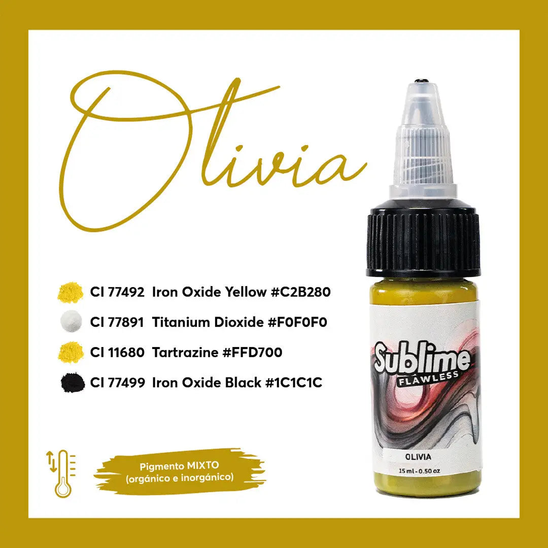 Kleine transparente Plastikflasche mit sublime pmu Pigment-Tattoofarben Olivia, schwarzem Deckel und gelben Farben