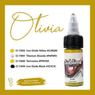 Kleine transparente Plastikflasche mit sublime pmu Pigment-Tattoofarben Olivia, schwarzem Deckel und gelben Farben
