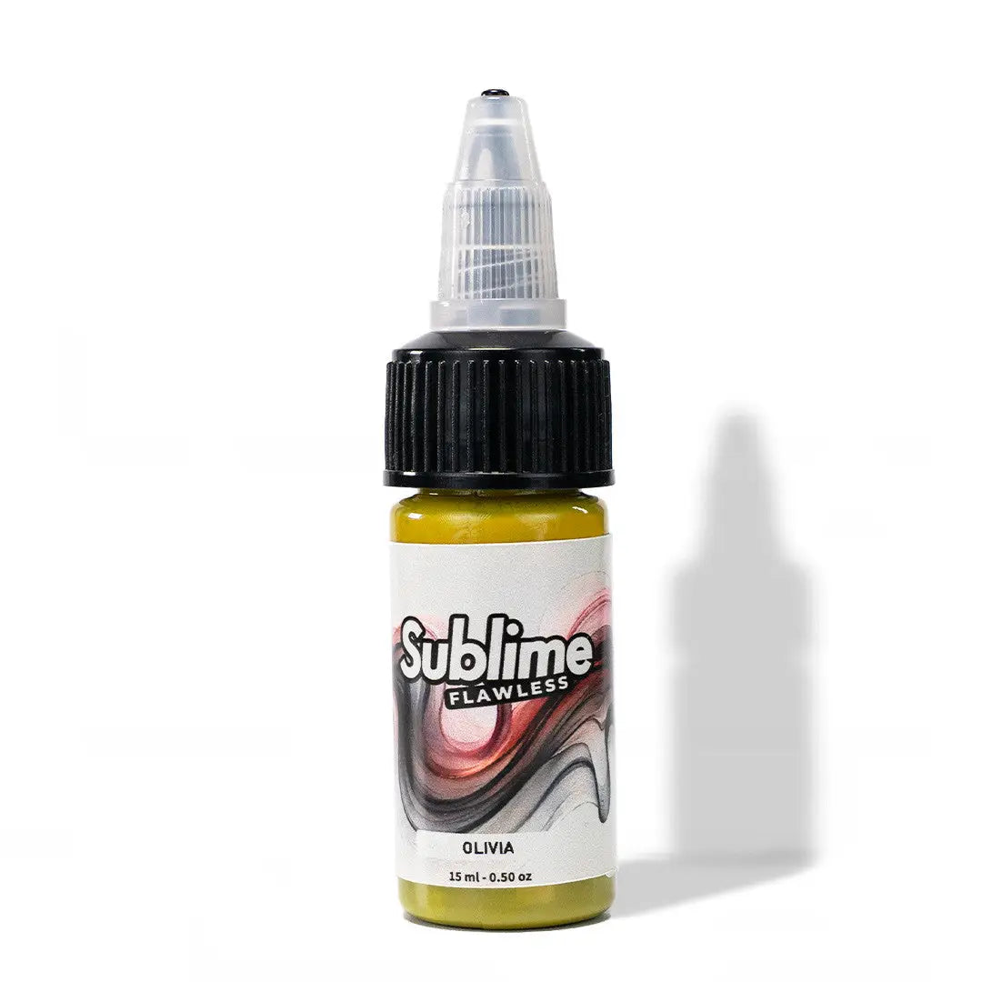A small clear plastic bottle with black cap and transparent dropper contains 15ml olive green sublime flawless olivia pmu pigment