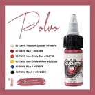 Eine 15-ml-Flasche sublime flawless polvo tattoo Farben in leuchtendem Pink-Rot mit schwarzem Deckel und transparenter Pipette für pmu-Pigment