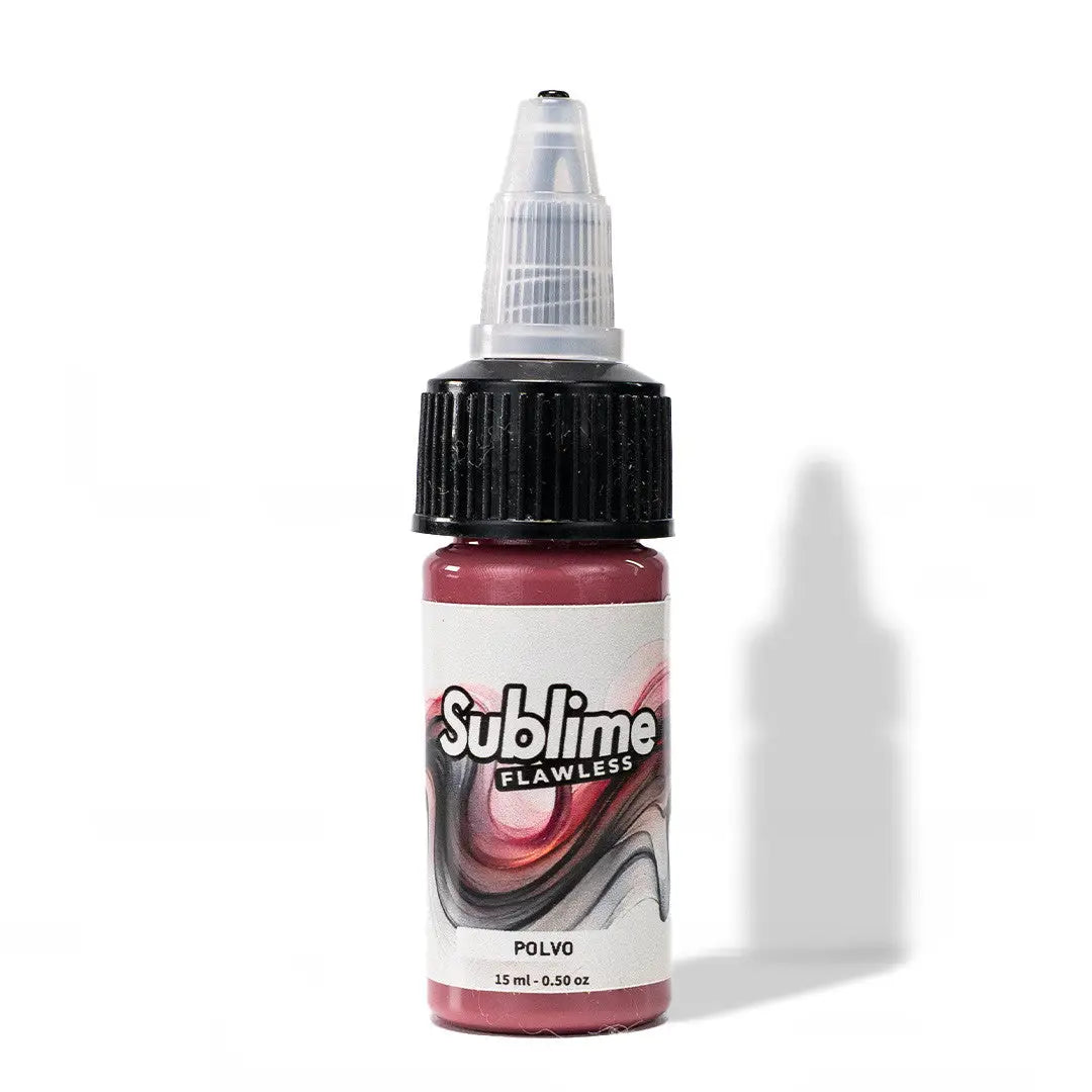 Eine kleine Flasche sublime makelloser Tattoo-Farben in lebhaftem rosa-roten Polvo-Ton mit 15 ml