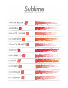 Sublime PMU-Pigmentpulver-Display mit lebendigen, rot-orangefarbenen und rosa strukturierten Farbmusterkarten für Künstler