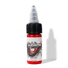 Leuchtend rote 15ml-Tattoo-Farben-Flasche mit schwarzem geriffeltem Deckel und klarem Tropfer, beschriftet mit sublime flawless razor rose pmu Pigment
