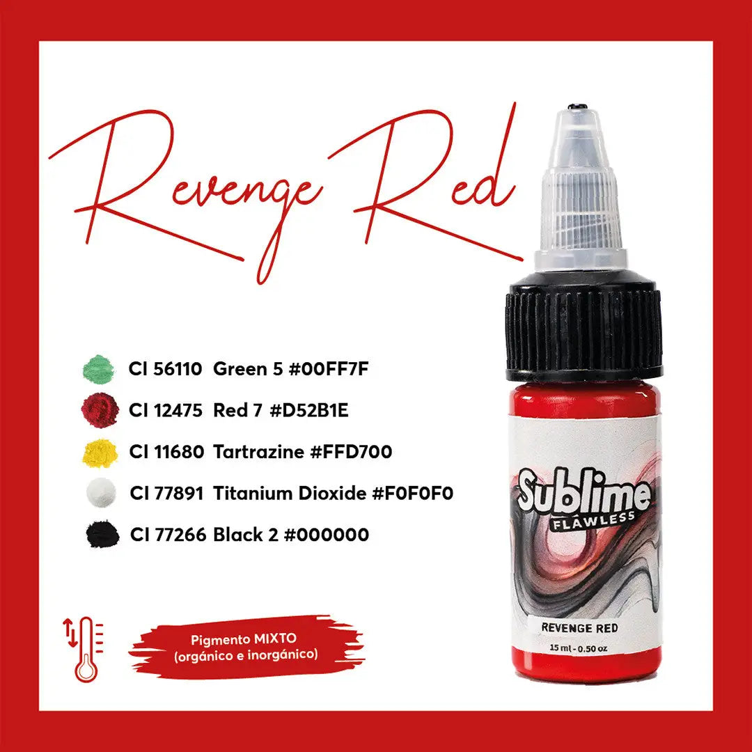 Leuchtend rote sublime pmu Pigment-Farben-Flasche mit schwarzem Deckel und klarer Pipette, beschriftet mit Revenge Red für Tätowierungen
