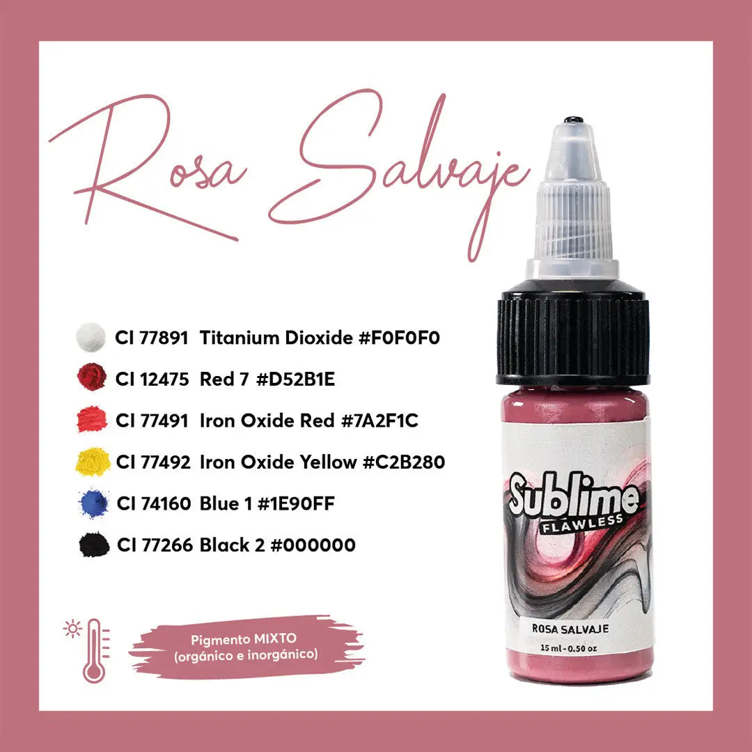 Eine rosarot-rote sublime makellose Tattoo-Farben-Flasche mit schwarzem Verschluss und transparenter Pipette, beschriftet mit rosa salvaje