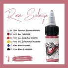 Eine rosarot-rote sublime makellose Tattoo-Farben-Flasche mit schwarzem Verschluss und transparenter Pipette, beschriftet mit rosa salvaje