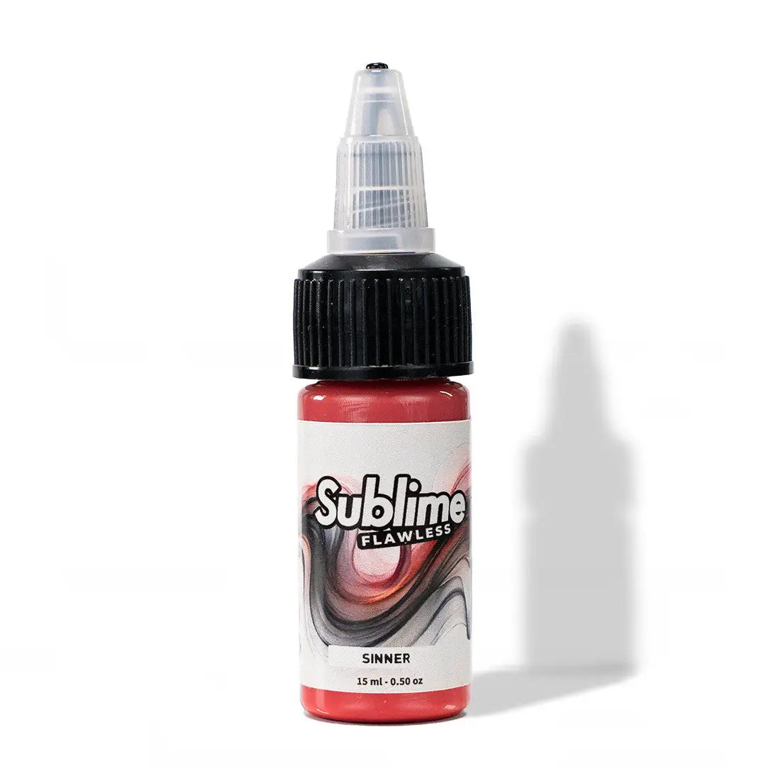 Eine leuchtend rote sublime pmu-Farben-Pigmentflasche mit der Aufschrift sinner, schwarzem geripptem Deckel und transparenter Pipette.