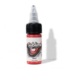 Eine leuchtend rote sublime pmu-Farben-Pigmentflasche mit der Aufschrift sinner, schwarzem geripptem Deckel und transparenter Pipette.