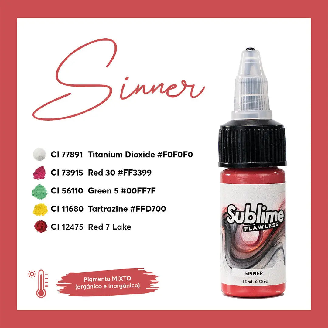 Eine leuchtend rote sublime, makellose Tattoo-Farben-Flasche mit schwarzem Deckel und transparenter Pipette, beschriftet mit sinner.