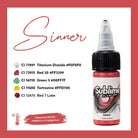 Eine leuchtend rote sublime, makellose Tattoo-Farben-Flasche mit schwarzem Deckel und transparenter Pipette, beschriftet mit sinner.