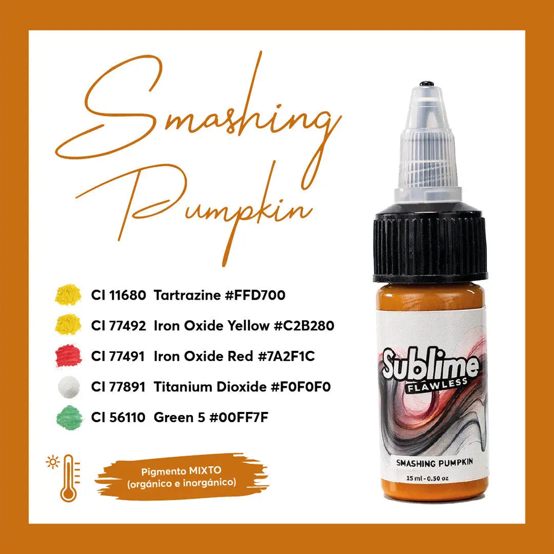 Eine 15-ml-Flasche sublime Flawless Smashing Pumpkin pmu-Farben mit orangefarbenem Körper, schwarzem Deckel und transparenter Pipette.