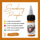Eine 15-ml-Flasche sublime Flawless Smashing Pumpkin pmu-Farben mit orangefarbenem Körper, schwarzem Deckel und transparenter Pipette.