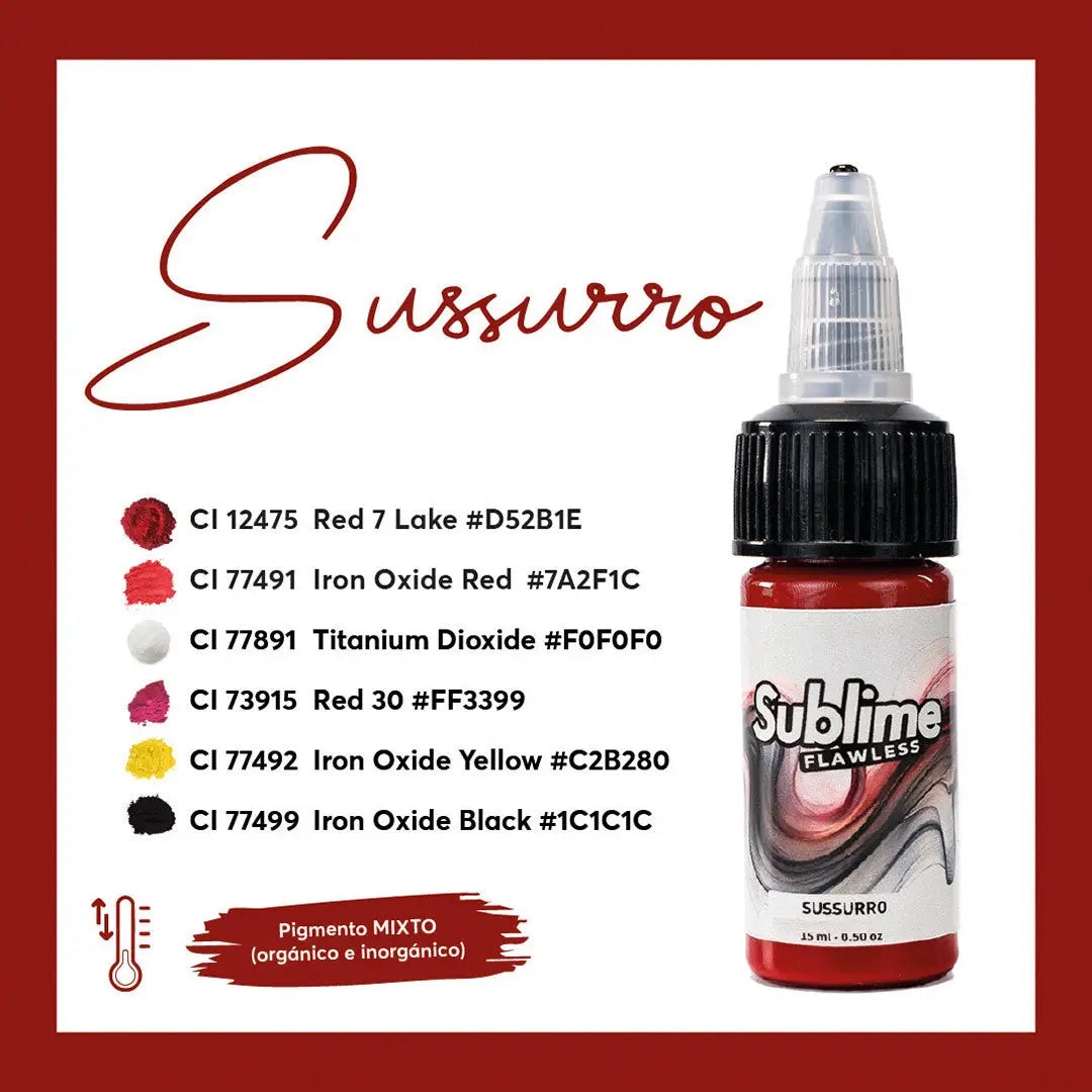 Eine leuchtend rote sublime makellose Tattoo-Farben-Flasche mit schwarzem Deckel und klarer Pipette, beschriftet mit sussurro für pmu-Pigmentverwendung