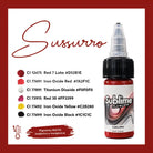 Eine leuchtend rote sublime makellose Tattoo-Farben-Flasche mit schwarzem Deckel und klarer Pipette, beschriftet mit sussurro für pmu-Pigmentverwendung