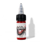 Eine leuchtend rote, makellose Flasche sublime Tätowier-Farben mit schwarzem geriffeltem Deckel und klarem Tropfer, beschriftet mit sussurro, 15 ml