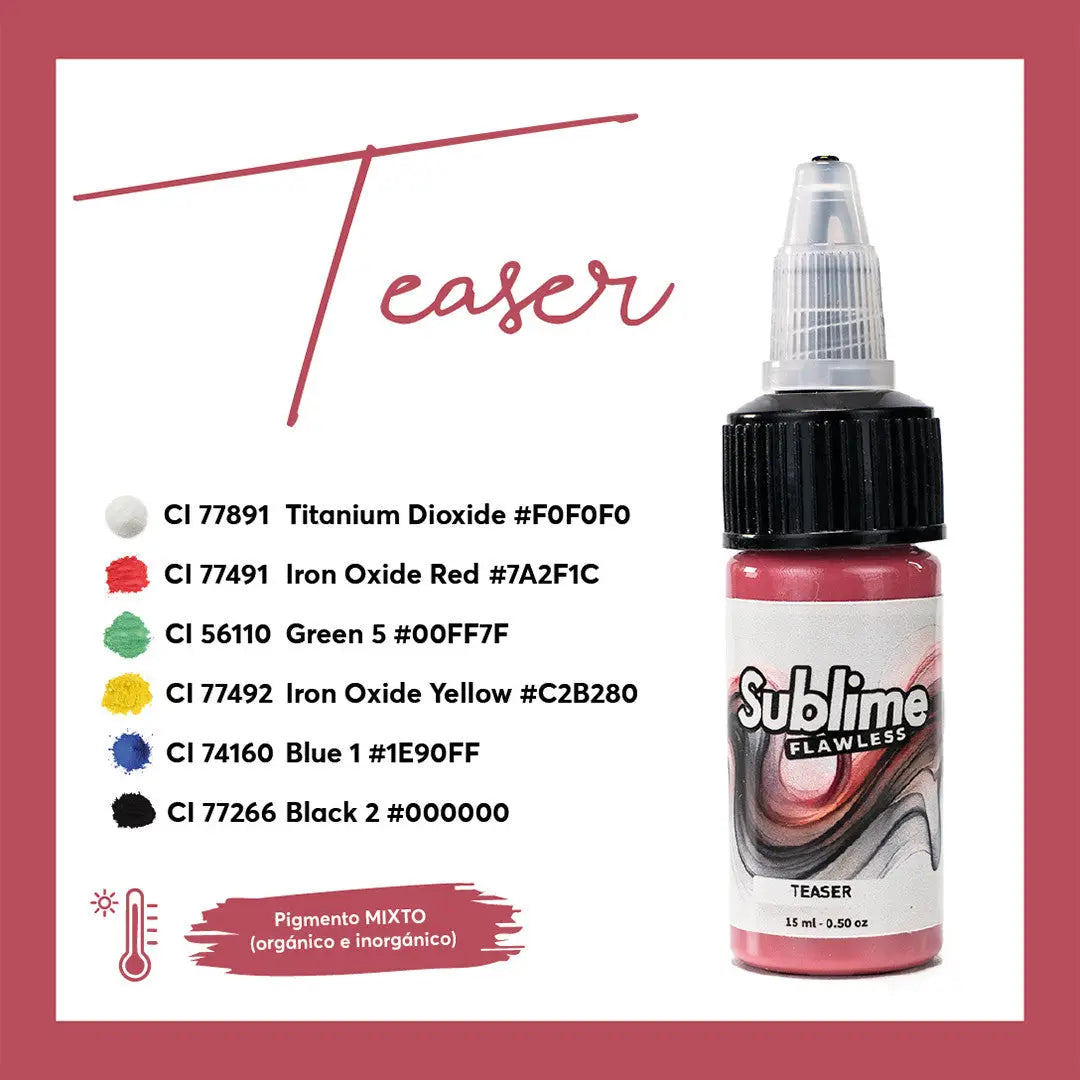 Eine rosa sublime makellose Tattoo-Farben-Flasche mit schwarzem Deckel und klarer Pipette, als Teaser für pmu-Pigmentverwendung beschriftet