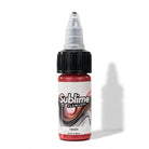 Kleine transparente Kunststoffflasche mit schwarzem Verschluss und Pipette, mit leuchtend rotem sublime pmu Farben-Pigment, 15ml