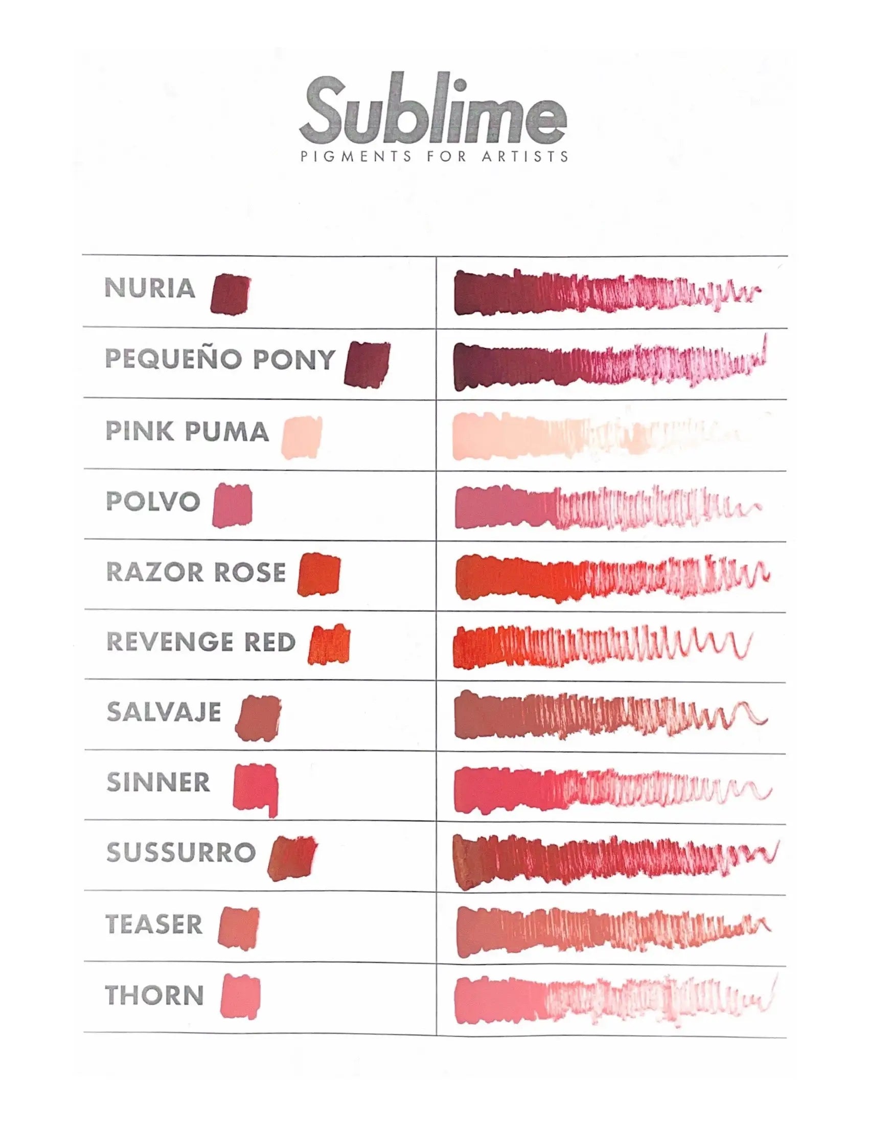 Sublime PMU Pigment-Farbmusterkarte mit zehn roten und pinken Pigmenttönen und strukturierten Pinselstrichmustern