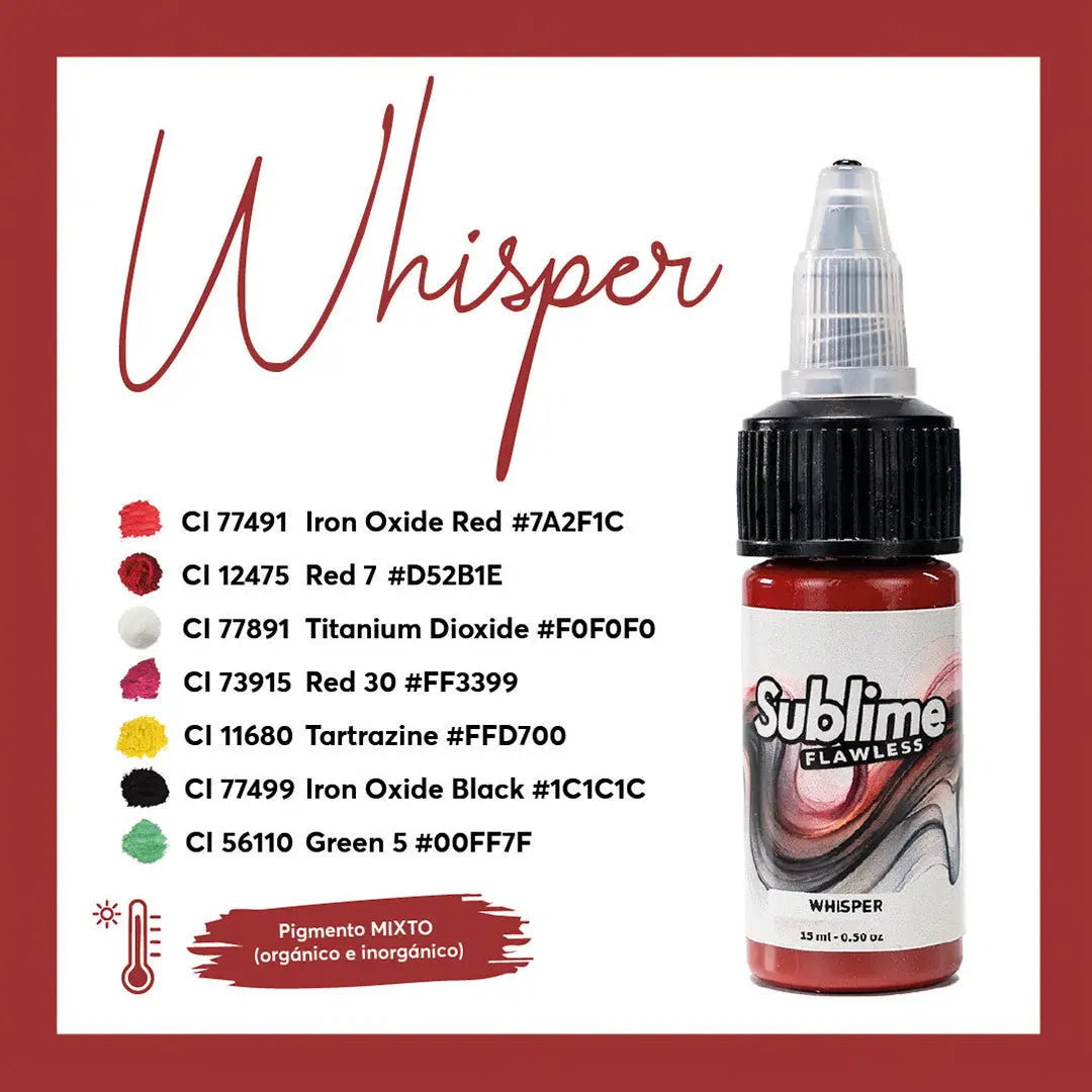 Eine kleine Flasche sublime fehlerfreie Whisper-Tattoo-Farben in leuchtendem Rot mit schwarzem Verschluss und klarem Tropfer für pmu-Pigment