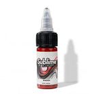 Eine kleine Flasche sublime, makellose Whisper-Tattoo-Farben mit schwarzem Rillenverschluss und leuchtend roter Pigmentpipette