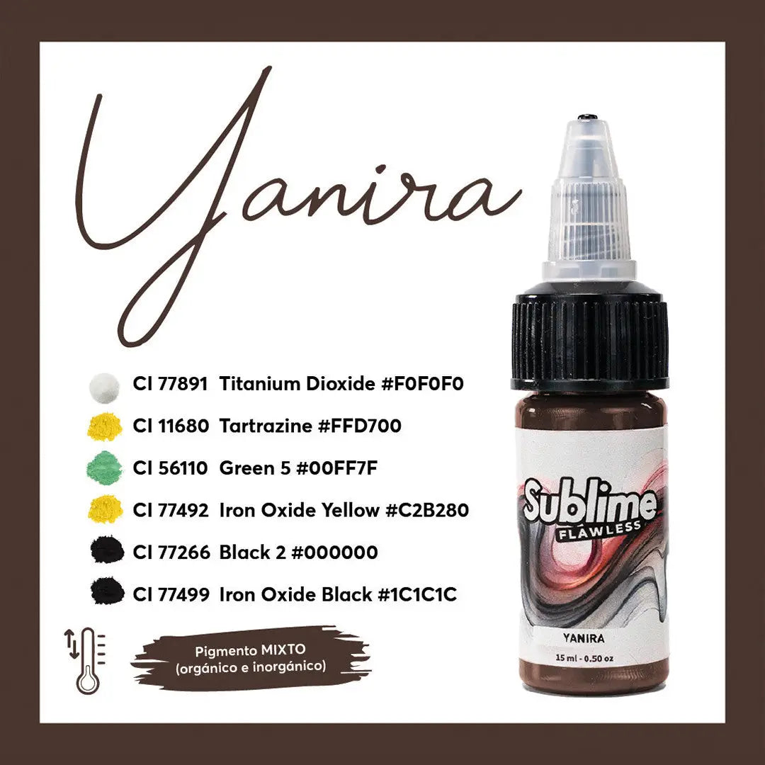Sublime pmu Pigment Yanira in einer 15ml Braunglasflasche mit schwarzem Deckel und klarem Tropfer für makellose Tattoo-Farben