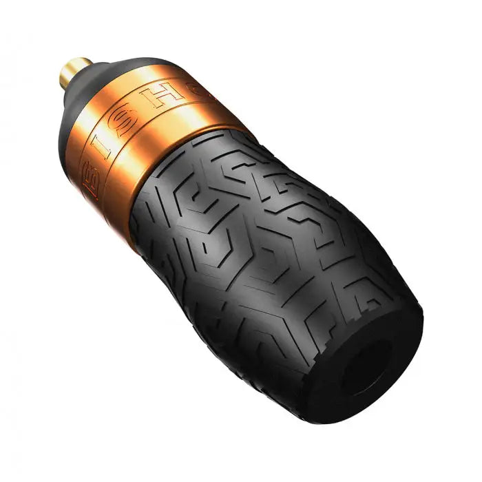 Black textured disposable grip with gold metallic band and brass tip featuring embossed logo for bishop tattoo pen