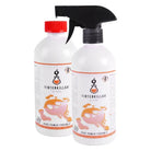 White plastic spray bottles with black and red caps labeled tintenkillah by tadoo featuring orange and pink splatter graphics