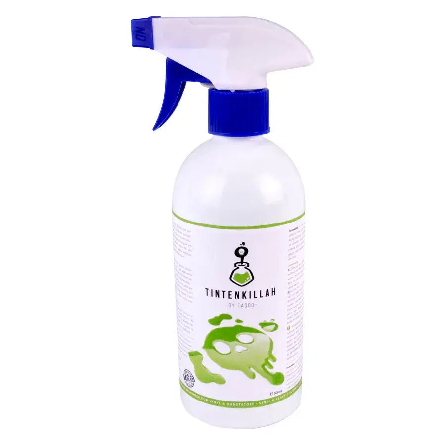 White plastic 500 ml spray bottle with blue trigger labeled tadOO tintenkillah vinyl cleaner with green splatter design