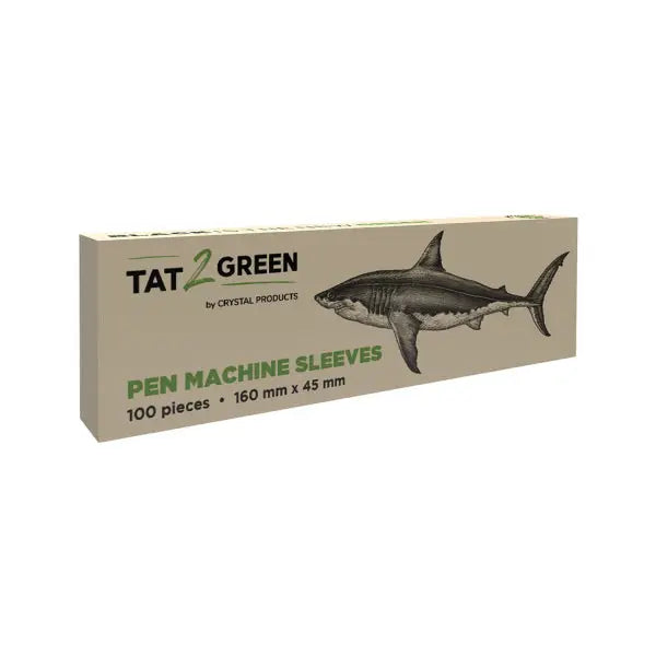 Beige cardboard box of tat2green black pen machine sleeves featuring a black and white shark illustration